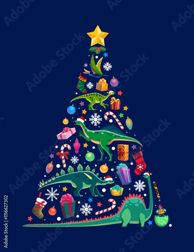 Christmas dinosaurs tree. Cartoon vector festive decorated pine tree with playful dino animals and cute hatching reptile baby among gifts, ornaments and candy canes, ready for holiday celebration