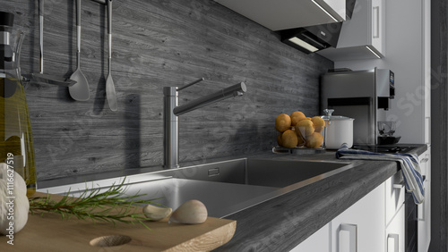 modern kitchen counter sink 3D rendering