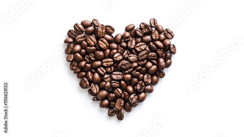 A heart shape created with roasted coffee beans, symbolizing love for coffee.