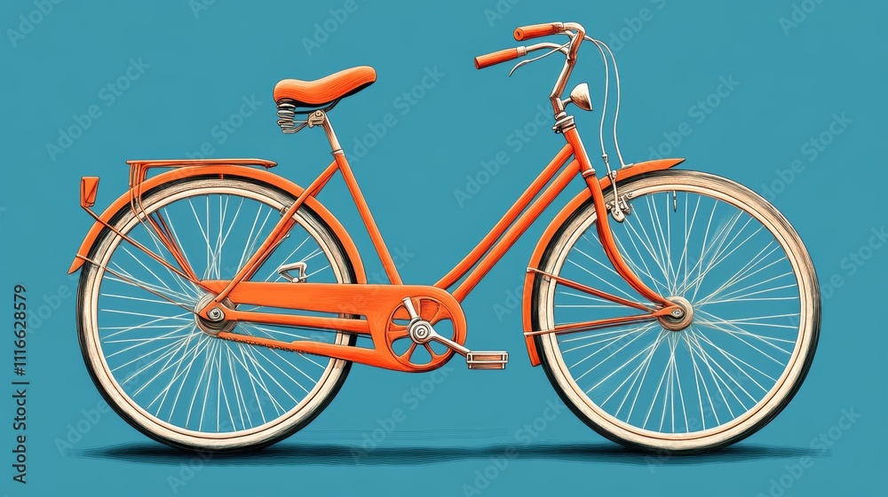 Fototapeta premium Classic Orange Bicycle Illustration on Blue Background