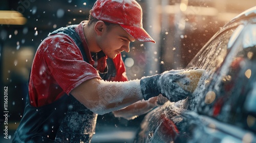 A focused young Caucasian male washes a car with soap and water, creating a bubbly and vibrant scene. photo