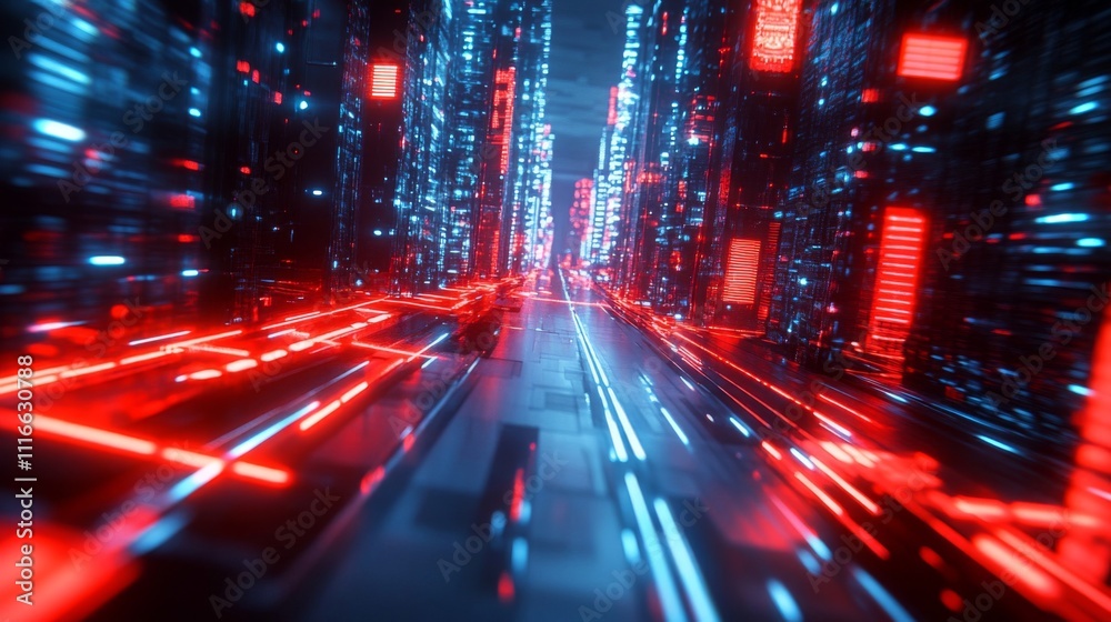 Futuristic Cityscape with Red and Blue Neon Lights Futuristic Cityscape with Red and Blue Neon Lights