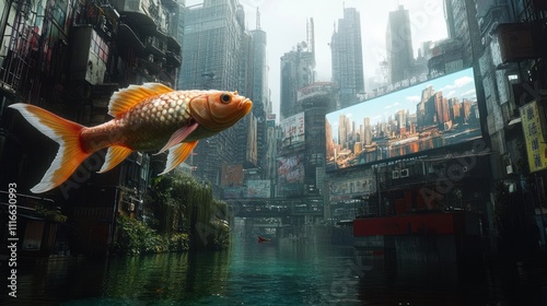 Goldfish swimming in futuristic, polluted canal, gazing at skyscrapers and billboards. photo