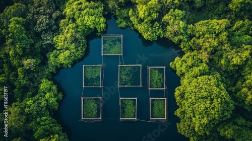 Aerial View of Fish Farms Surrounded by Lush Green Mangrove Forest