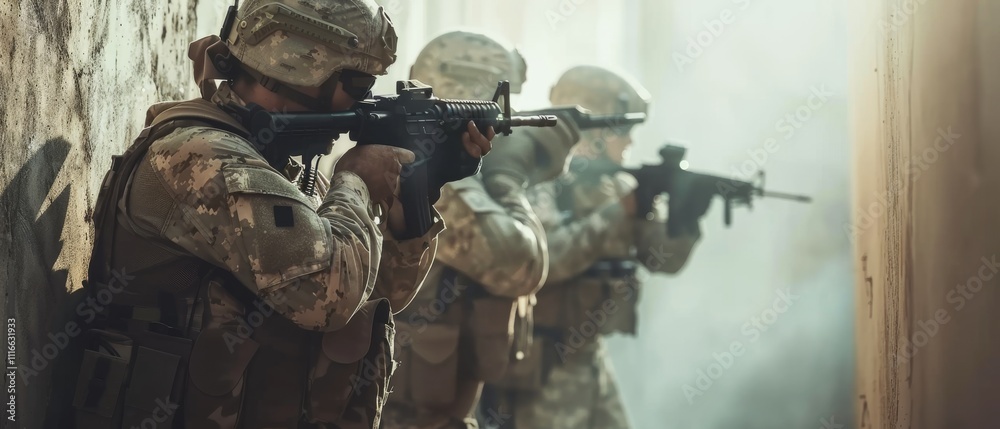 Soldiers in tactical gear navigate through a narrow passage with focused determination, rifles poised, enveloped in hazy sunlight. Soldiers in tactical gear navigate through a narrow passage with focused determination, rifles poised, enveloped in hazy sunlight.