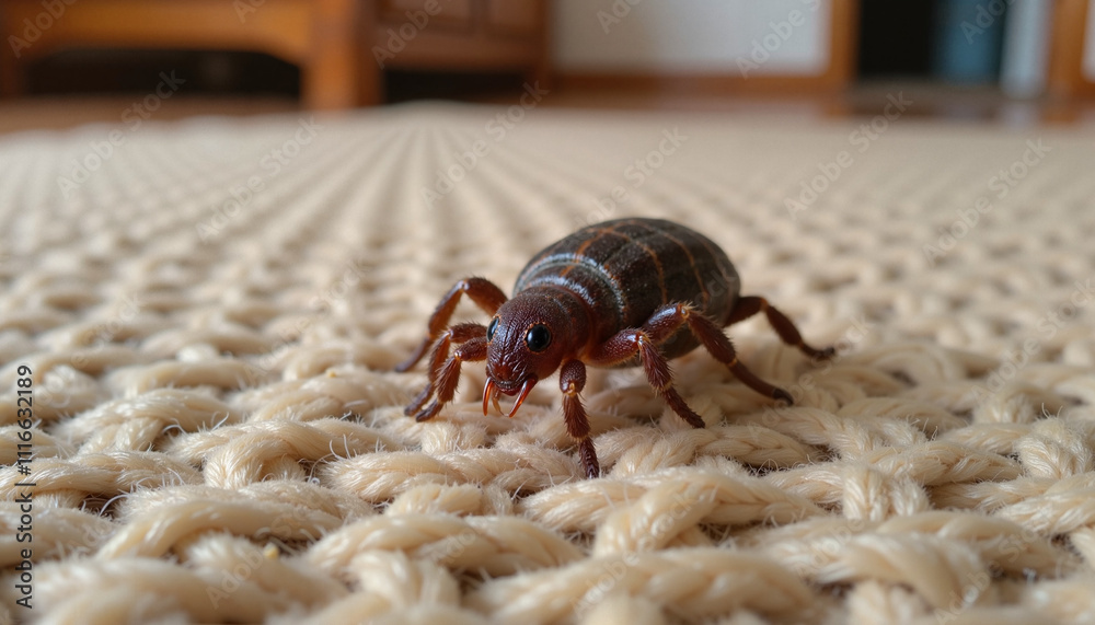 Macro shot of a tick on a woven carpet, emphasizing pest awareness and indoor health risks Macro shot of a tick on a woven carpet, emphasizing pest awareness and indoor health risks