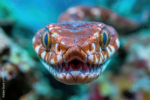 A breathtaking close-up of an exotic snake's head reveals intricate patterns and a fierce gaze, showcasing nature's complexity and vibrant colors. photo