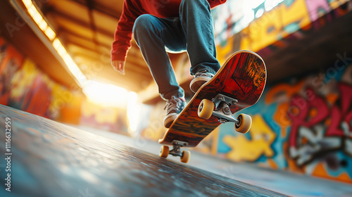 Young skateboarder performing a kickflip in an urban skatepark with graffiti walls photo