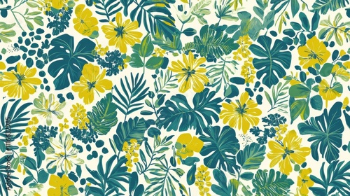 Seamless tropical pattern with teal and yellow flowers and leaves on cream background.