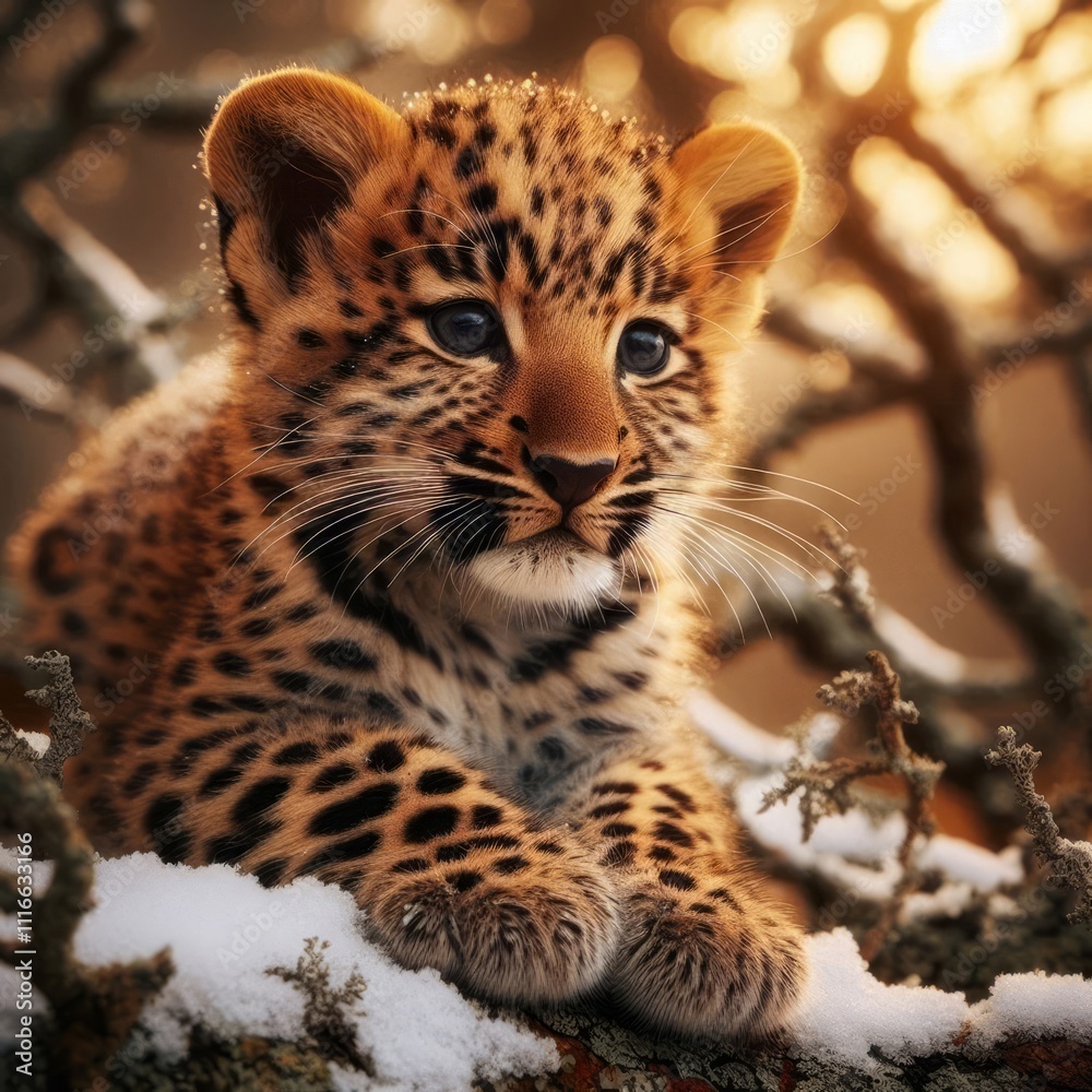 Obraz premium Snowy Fun: Leopard Cub Joyful Play in the African Wilderness