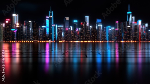 A futuristic cityscape at night, glowing with vibrant neon lights reflecting on sleek urban surfaces, evoking a sense of innovation and modernity. photo