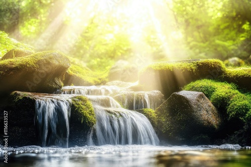 Sunlit Waterfall Cascading Over Mossy Rocks photo