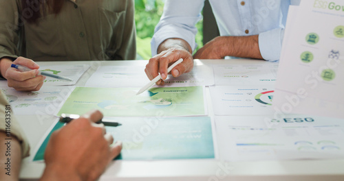 Closeup group Asia businesspeople talk ESG strategies risk management workshop, SDGs report, global warming, green finance investment eco friendly and net zero waste in boardroom training building.