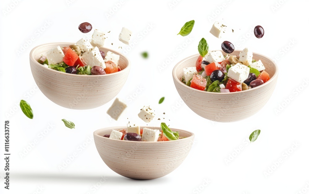 Flying bowls of Greek salad with feta cheese and olives, vibrant and fresh, isolated on white background Flying bowls of Greek salad with feta cheese and olives, vibrant and fresh, isolated on white background