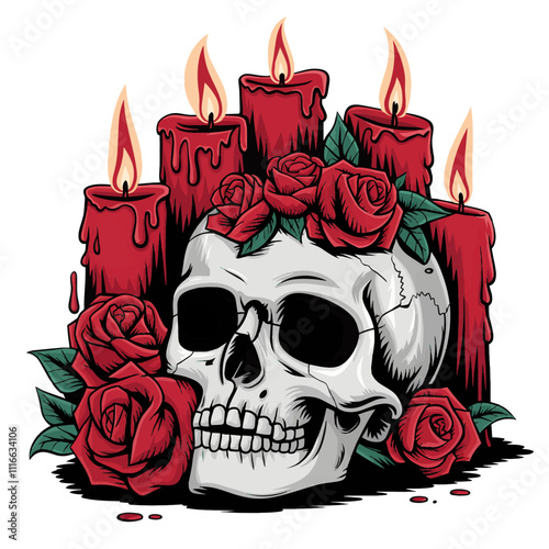 A dramatic illustration of a skull surrounded by red candles with lit flames