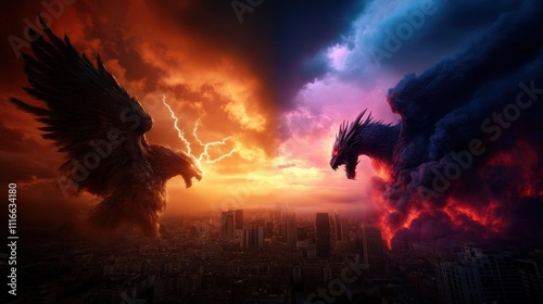 Two colossal mythical beasts engage in an epic confrontation amidst a dramatic sky, epitomizing a clash of power, mythology, and imagination in a vibrant, surreal landscape. photo