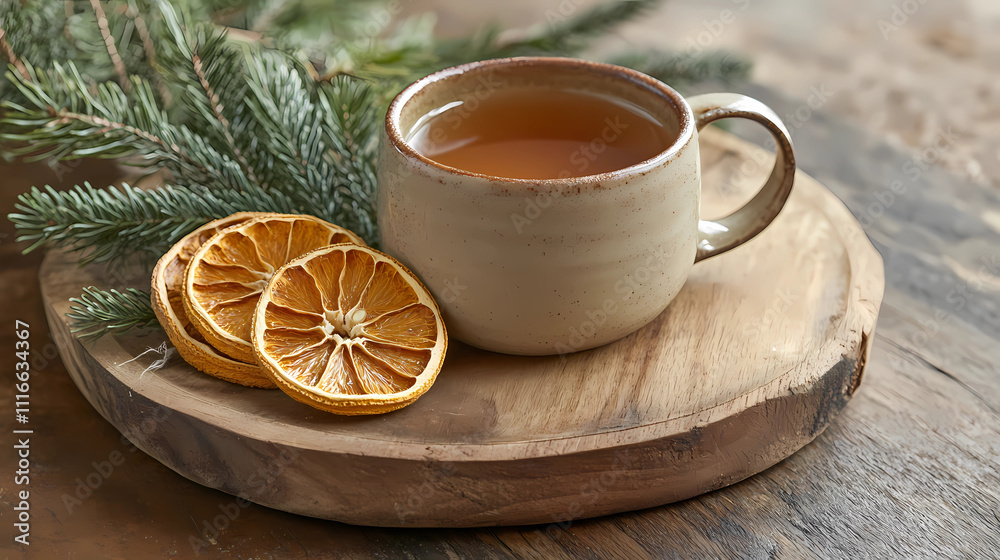 Tea and Charm: Rustic Winter Comfort on a Wooden Plate Tea and Charm: Rustic Winter Comfort on a Wooden Plate