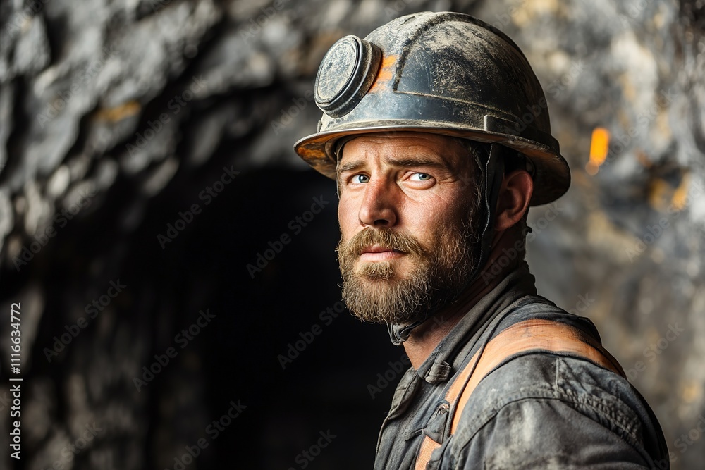 Obraz premium Rugged miner with helmet in dark tunnel, intense gaze