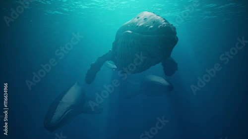 A group of humpback whales swim underwater