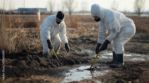 Environmental Investigation: Two scientists in protective suits meticulously collect soil samples from a contaminated site.