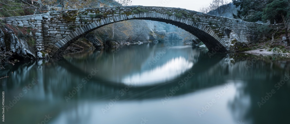 Naklejka premium A serene stone bridge arches elegantly over a calm river, reflecting its perfect silhouette in the tranquil water, framed by lush, softly lit greenery.