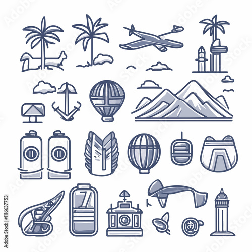 Travel and Tourism Elements in Detailed Line Vector Art photo