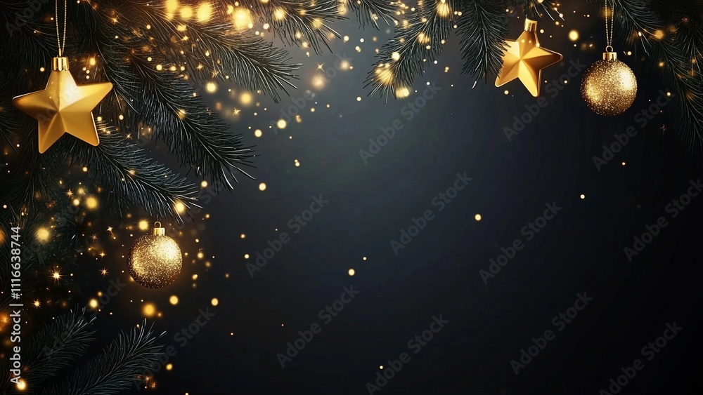 Obraz premium golden Christmas background, Christmas background design with yellow glowing stars and gold glitter or confetti. Dark backdrop with space for text. banner template