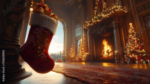 Christmas stocking hangs in grand palace. photo