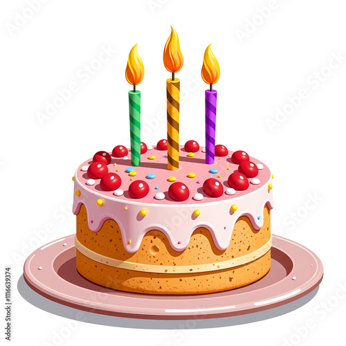 Illustration of a birthday or anniversary cake with glossy pink glaze dripping down the sides, with colorful candy sprinkles, cherries and three lit candles, isolated on a transparent background.