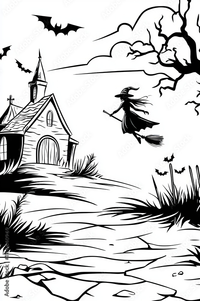A whimsical scene of a witch flying over an old church, surrounded by bats and a spooky landscape. A whimsical scene of a witch flying over an old church, surrounded by bats and a spooky landscape.