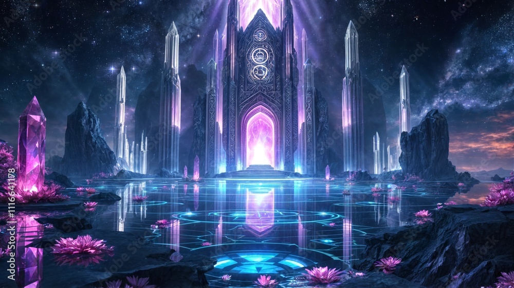 Enchanted Crystal Palace Reflecting in a Mystical Lake Under a Starlit Sky: A Digital Fantasy Artwork Enchanted Crystal Palace Reflecting in a Mystical Lake Under a Starlit Sky: A Digital Fantasy Artwork