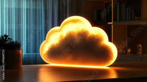 A glowing cloud-shaped light fixture illuminating a modern interior space during evening hours