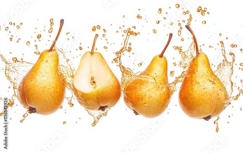 Flying pears with splashes of pear cider, sweet and elegant, isolated on white background photo