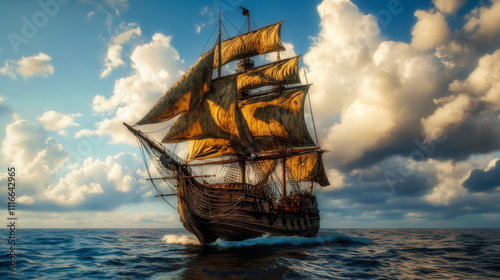 A majestic tall ship sails through the calm waters under a bright blue sky with fluffy clouds during sunset