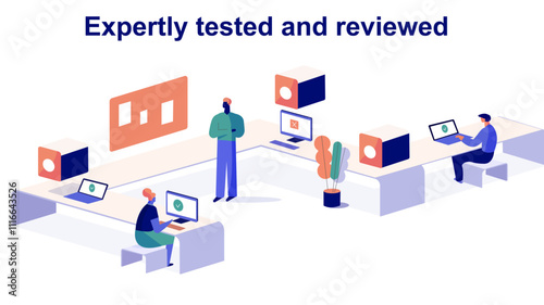 Collaborative Workspace with Professionals Testing and Reviewing Software in Flat Style