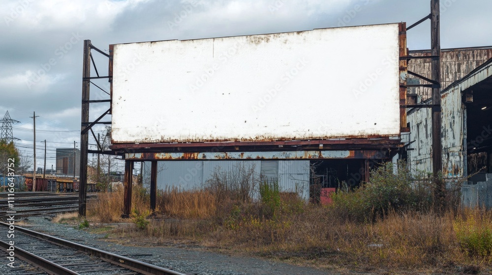 A Rusty Billboard Overgrown With Weeds, Next to Railroad Tracks