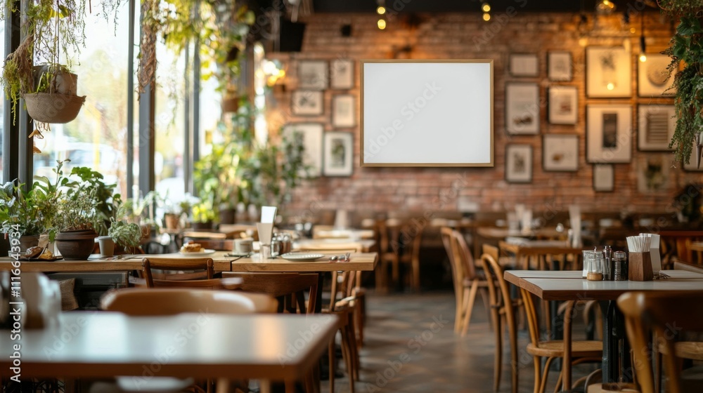 Empty Restaurant Tables with a Large Blank Sign Above Empty Restaurant Tables with a Large Blank Sign Above