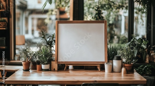 Blank Wooden Framed Sign with Plants on a Wooden Table photo