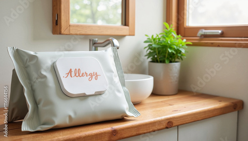 Pack of allergy wet wipes on a wooden countertop with a plant in a bright kitchen photo