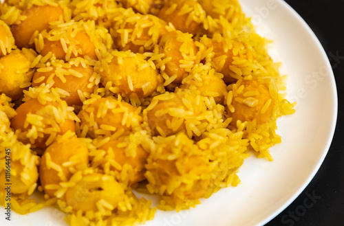 Traditional Brazilian dish chicken with pequi (caryocar brasiliense) and rice photo