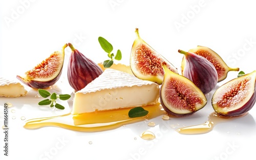 Flying wedges of brie cheese with fresh figs and honey drizzle, sophisticated and rich, isolated on white background photo