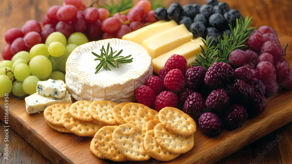 Cheese, Crackers, Grapes, Berries, and Rosemary on a Wooden Board - Food Photo