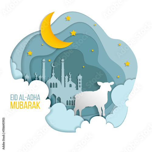 Eid Al Adha greeting card with sacrificial sheep and crescent on cloudy night background. Eid Mubarak theme. 3d paper cut. Vector illustration.