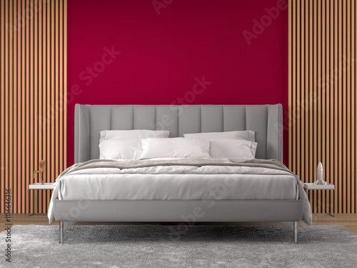 interior of red bedroom with bed 3D rendering