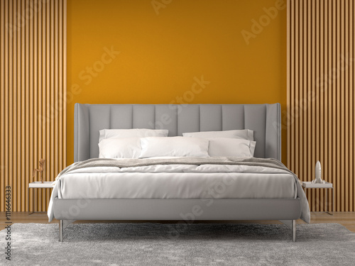 interior of orange bedroom with bed 3D rendering