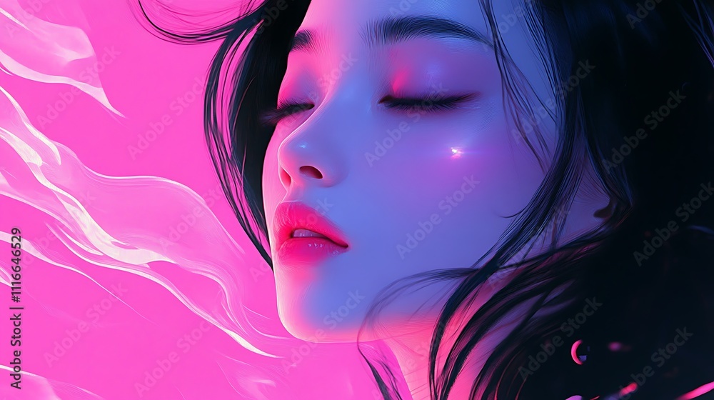 A serene portrait of a woman with flowing hair against a vibrant pink background. A serene portrait of a woman with flowing hair against a vibrant pink background.