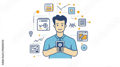 Wallpaper Mural A simple UI icon of a man holding a phone, representing IT support, with a clean tech-themed background and floating data icons.  Torontodigital.ca