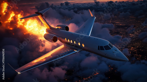 Jet in an intense explosion above a city skyline during sunset with dramatic clouds filling the sky