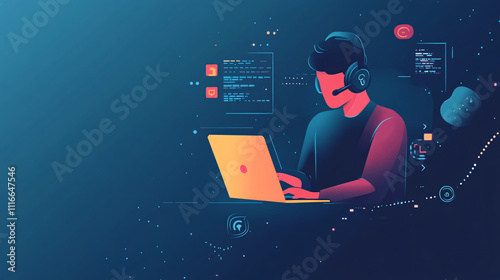 Wallpaper Mural A sleek, flat illustration of a man in a headset, working on a laptop, with a few floating tech symbols in a clean, minimalist UI design.  Torontodigital.ca