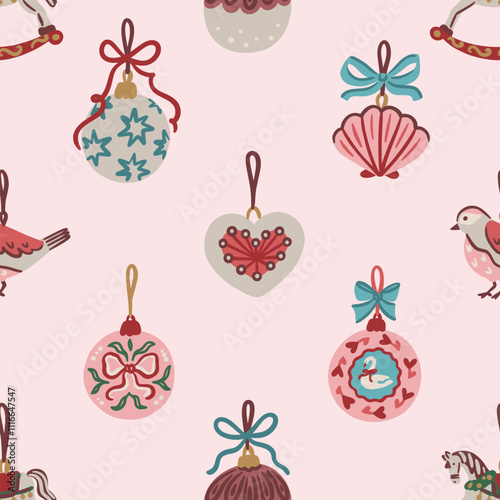 Seamless pattern of hand drawn vintage Christmas ornaments including baubles, heart, bird, scallop with bows on pink background. Vector design for wallpaper, textile, wrapping paper and greeting cards